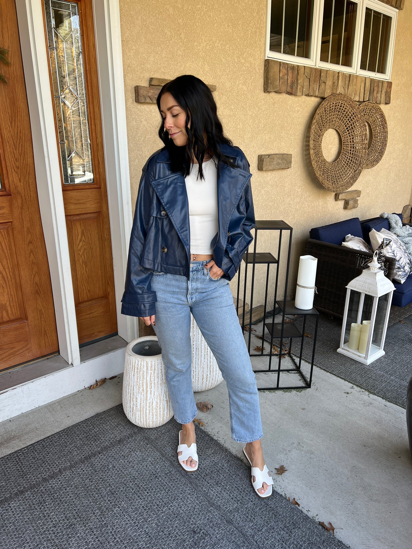 Faux Lather Cropped Trench | Navy