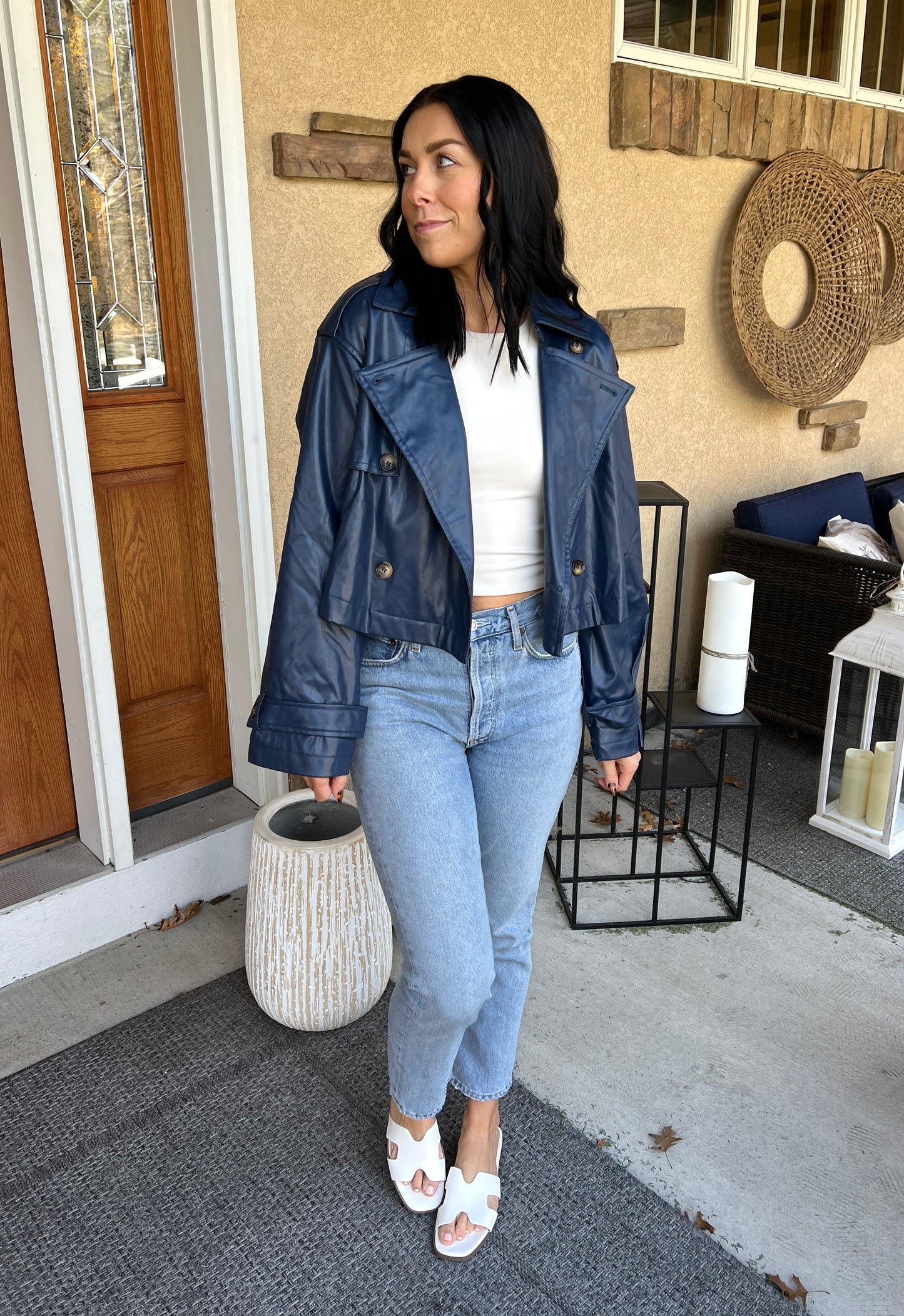 Faux Lather Cropped Trench | Navy