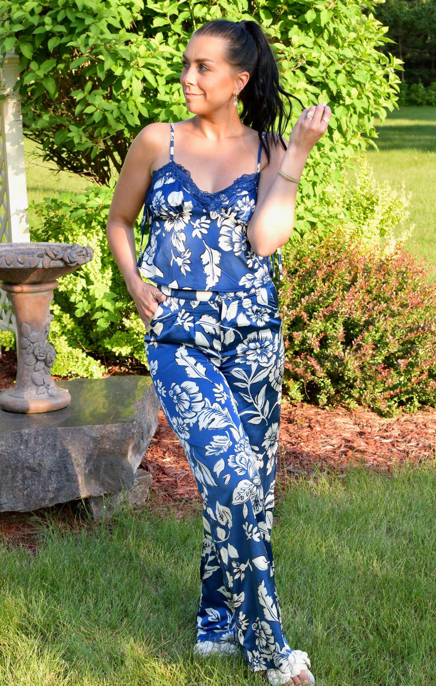 Blue Leaf Print Satin Top