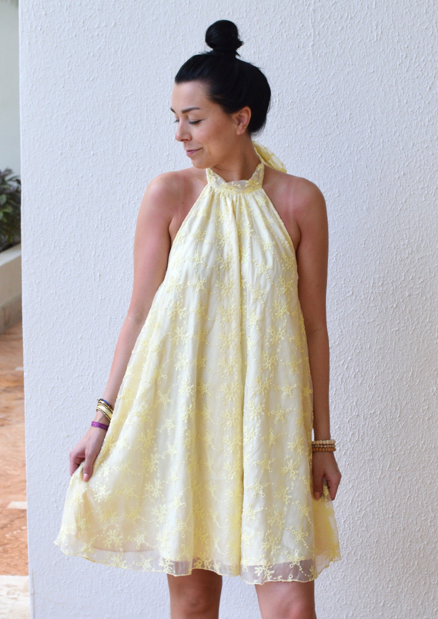 Sunshine Eyelet Halter Dress | Yellow