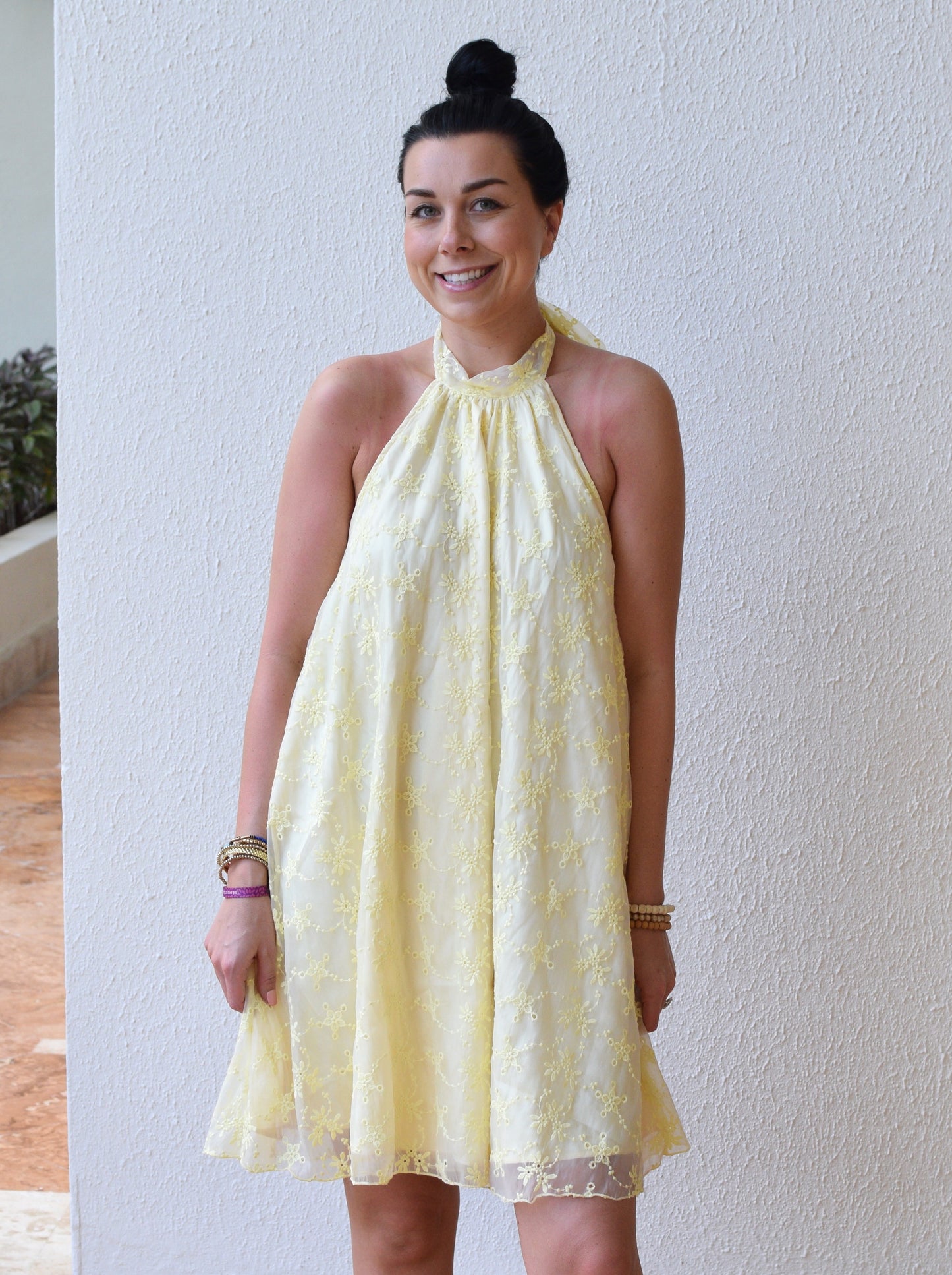 Sunshine Eyelet Halter Dress | Yellow