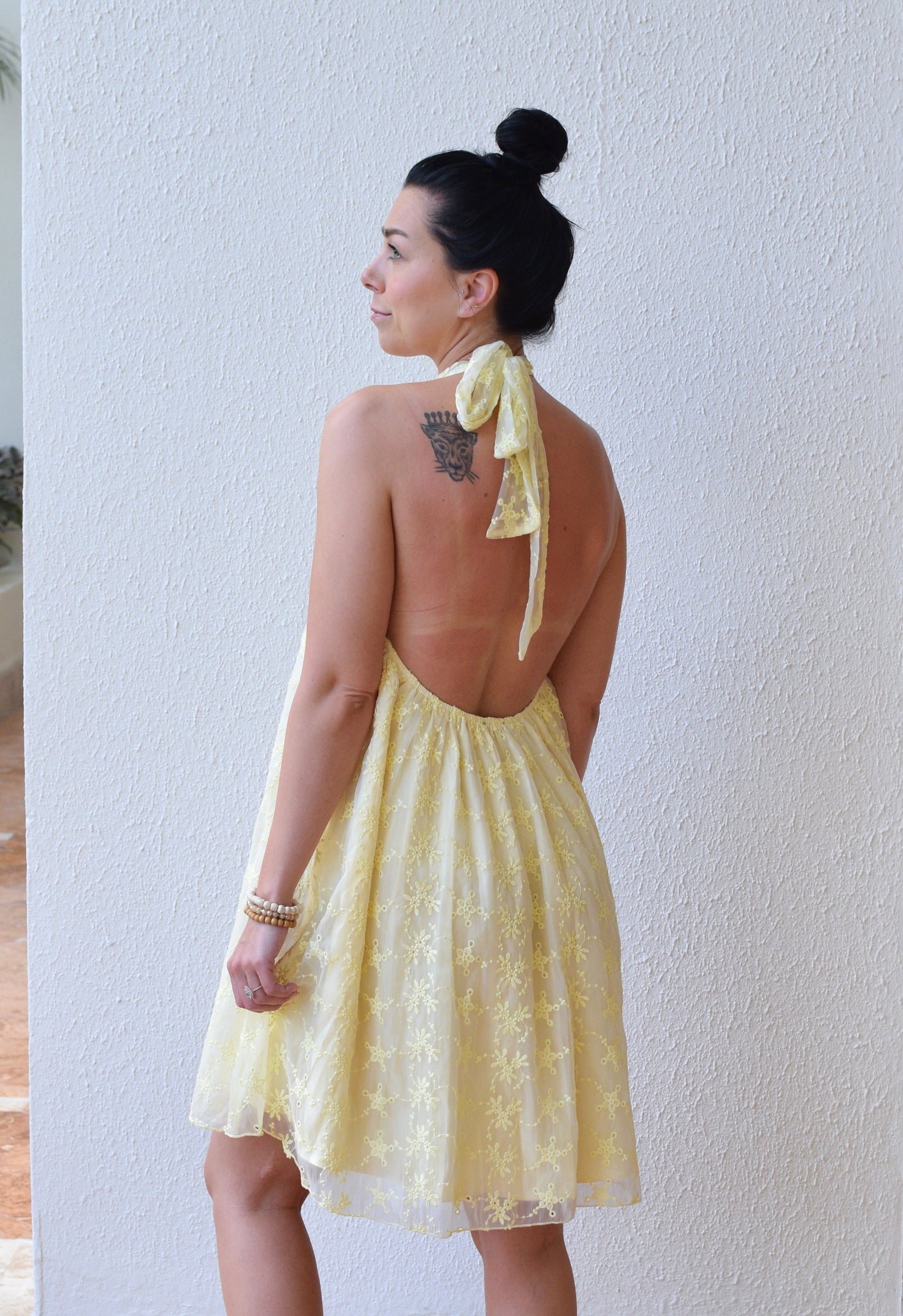 Sunshine Eyelet Halter Dress | Yellow