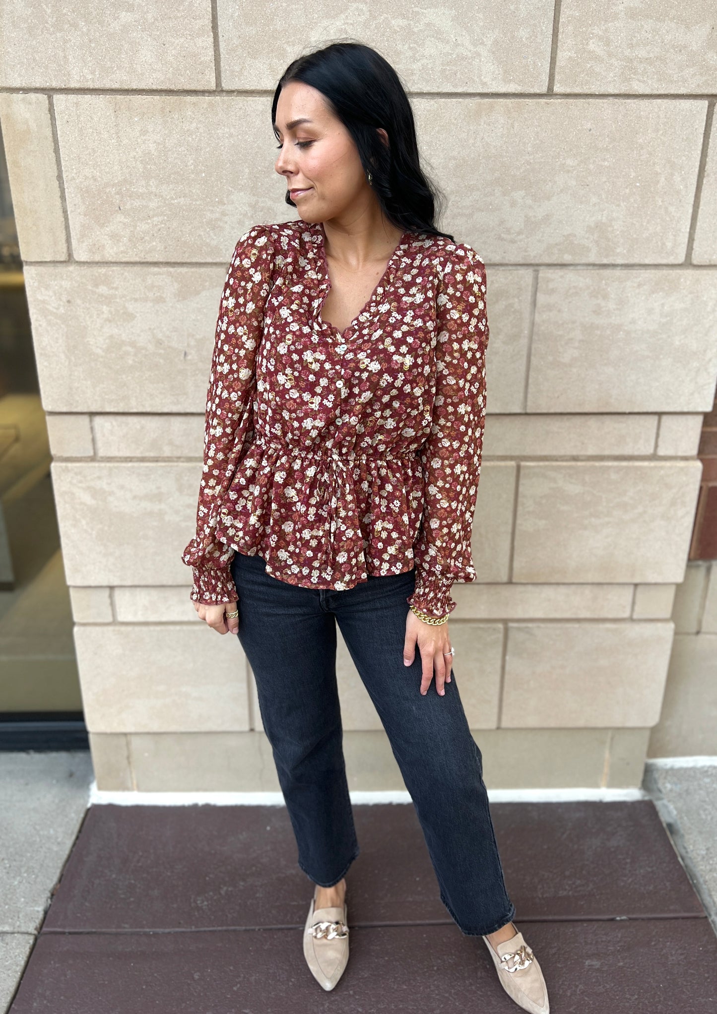 Fall Floral V-neck Blouse