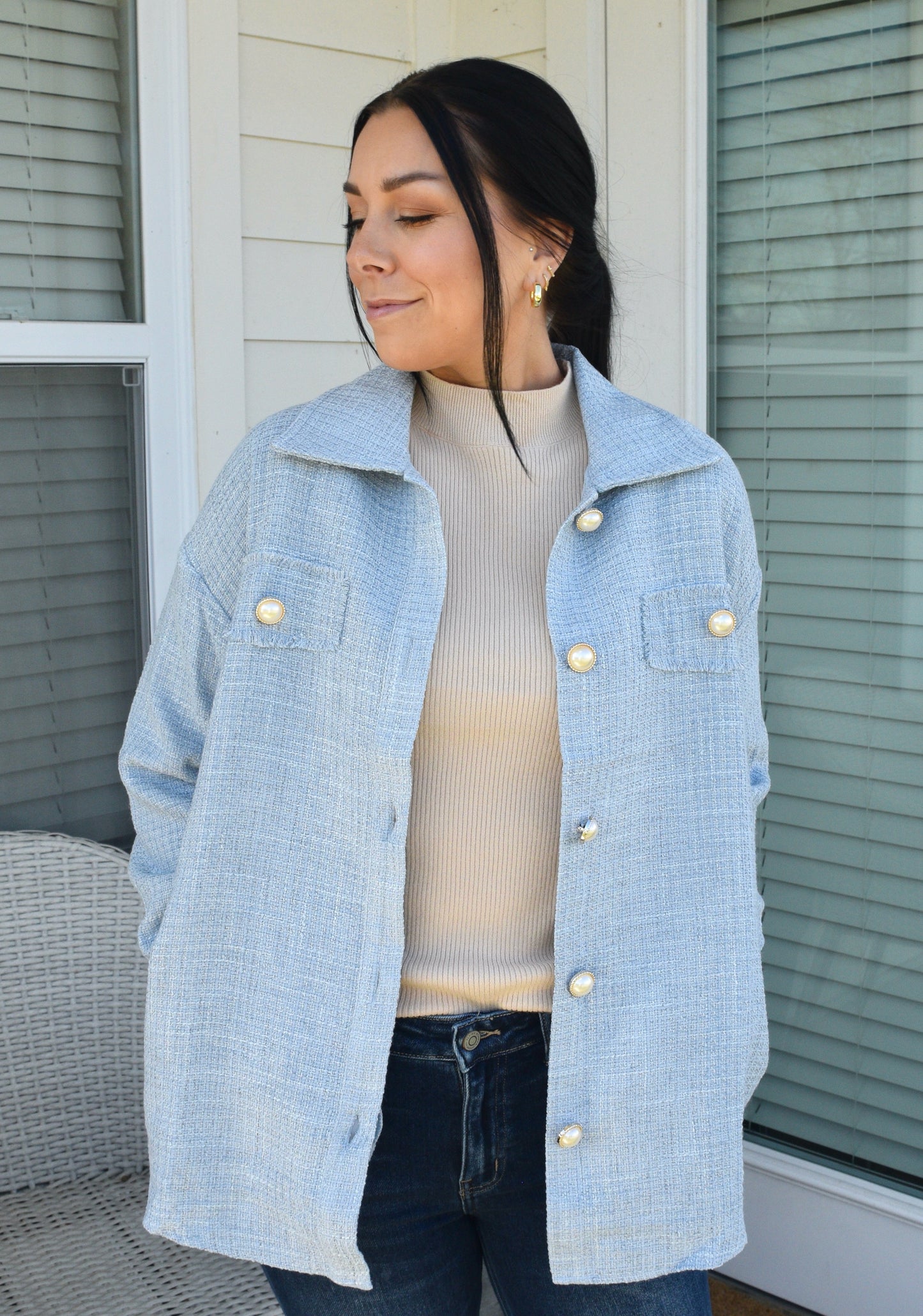 Transitional Tweed Shacket | Light Blue