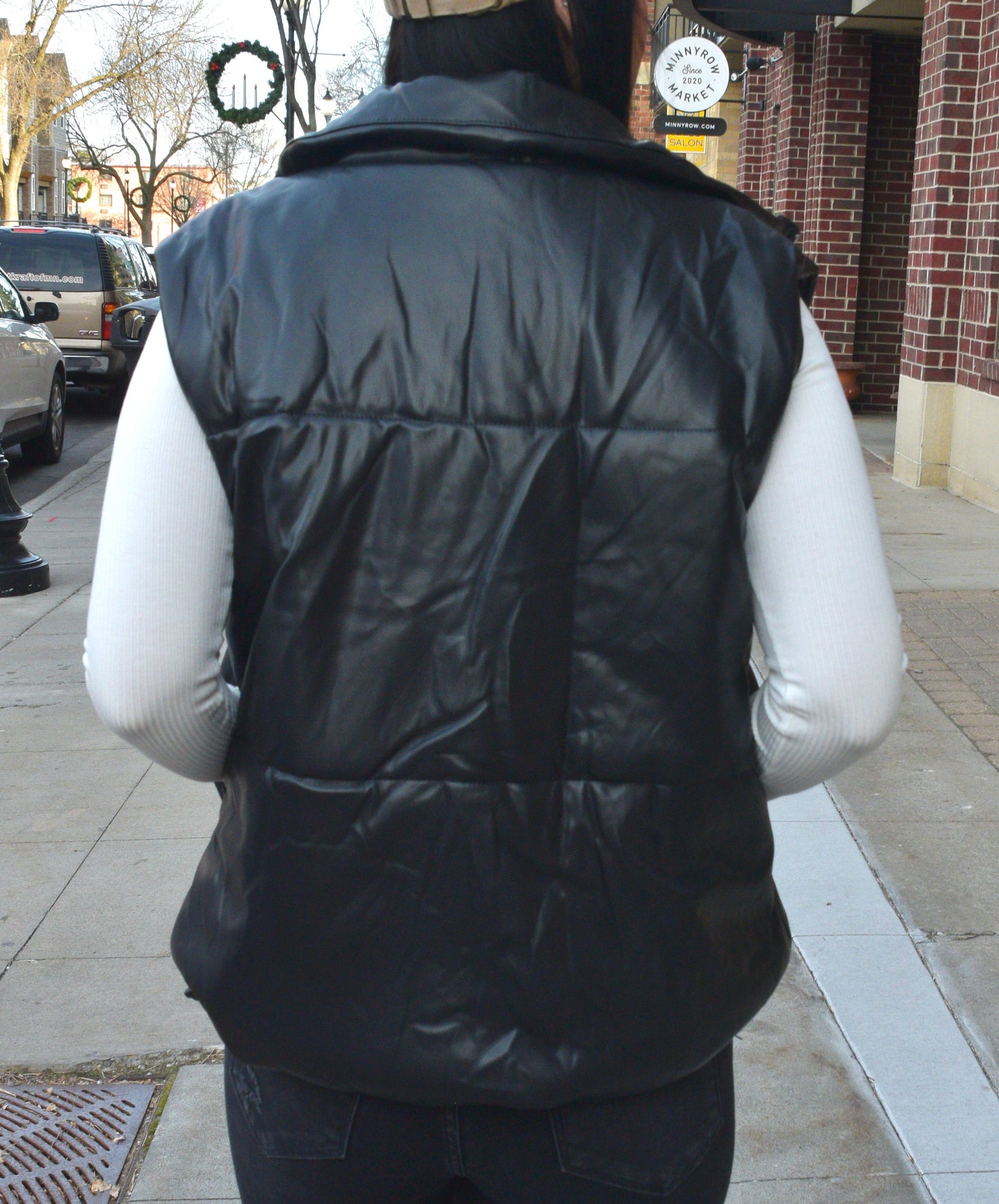 Faux Leather Puff Vest - Black