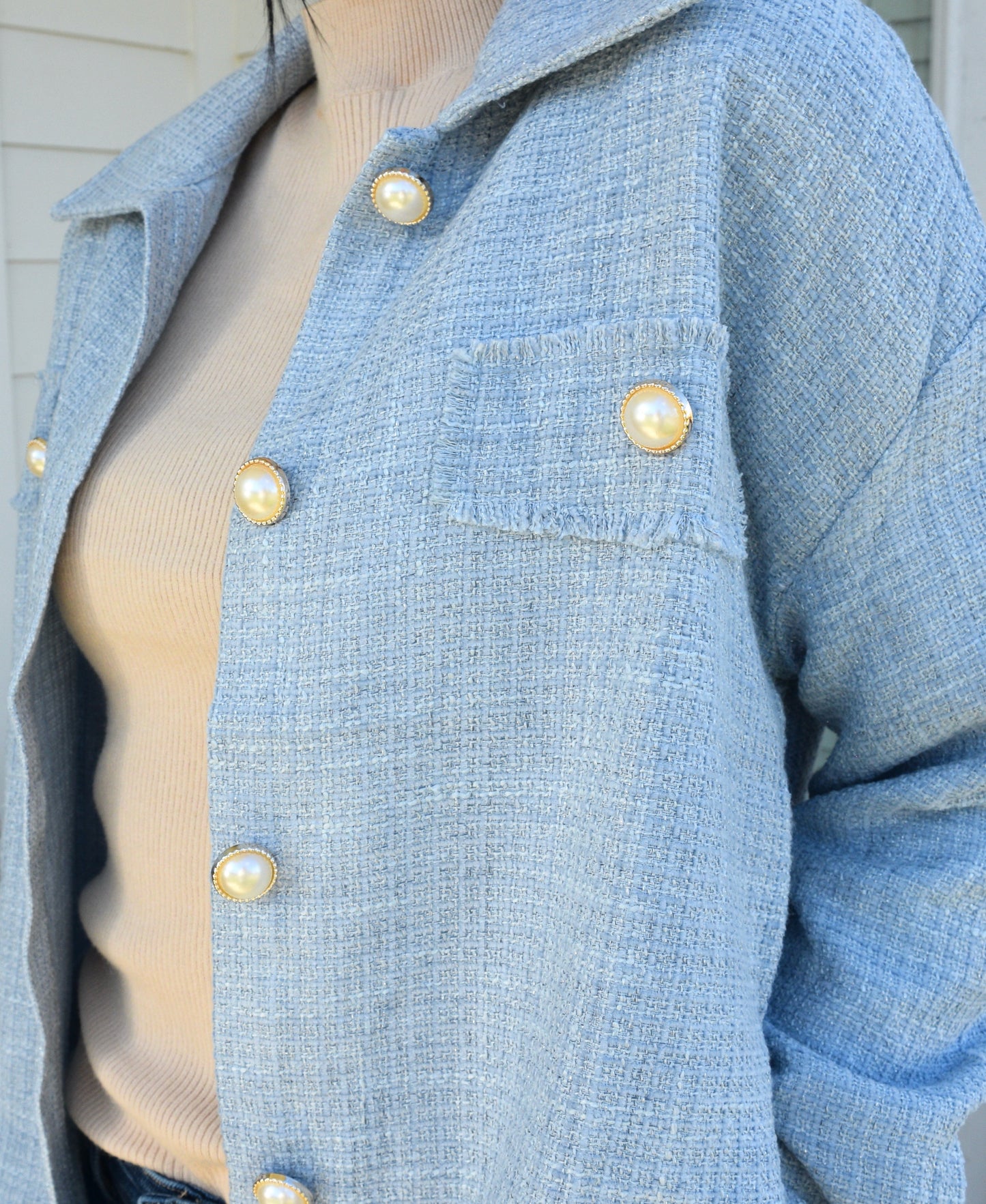 Transitional Tweed Shacket | Light Blue