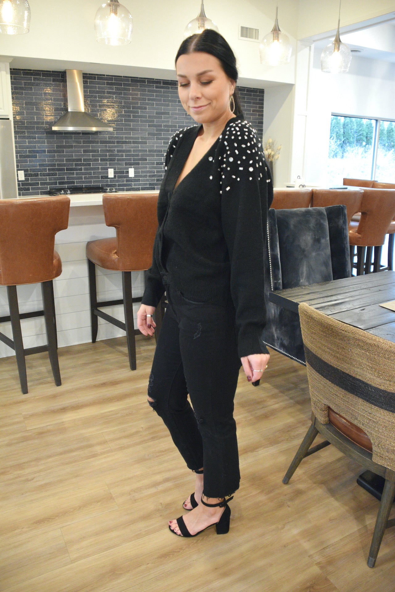 Embellished Button Down Cardigan - Black