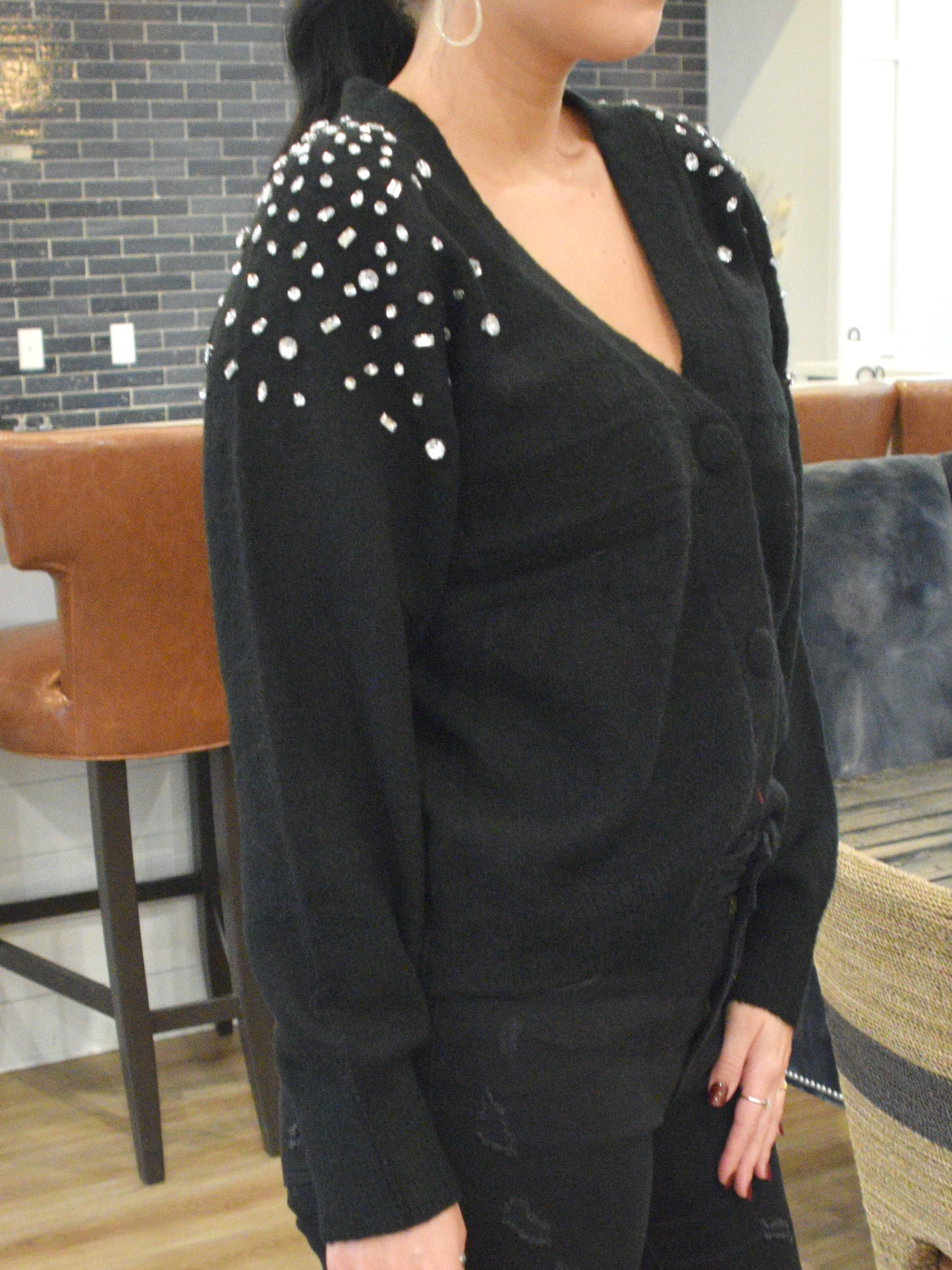 Embellished Button Down Cardigan - Black