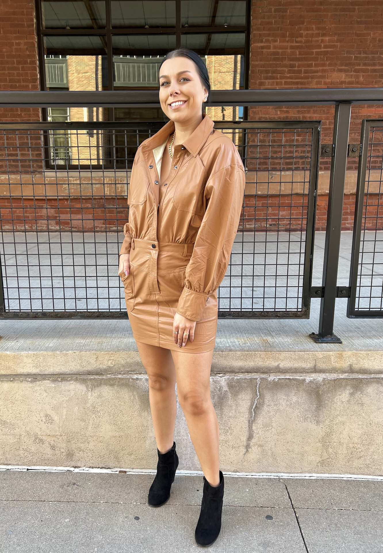 Faux Leather Utility Dress - Camel