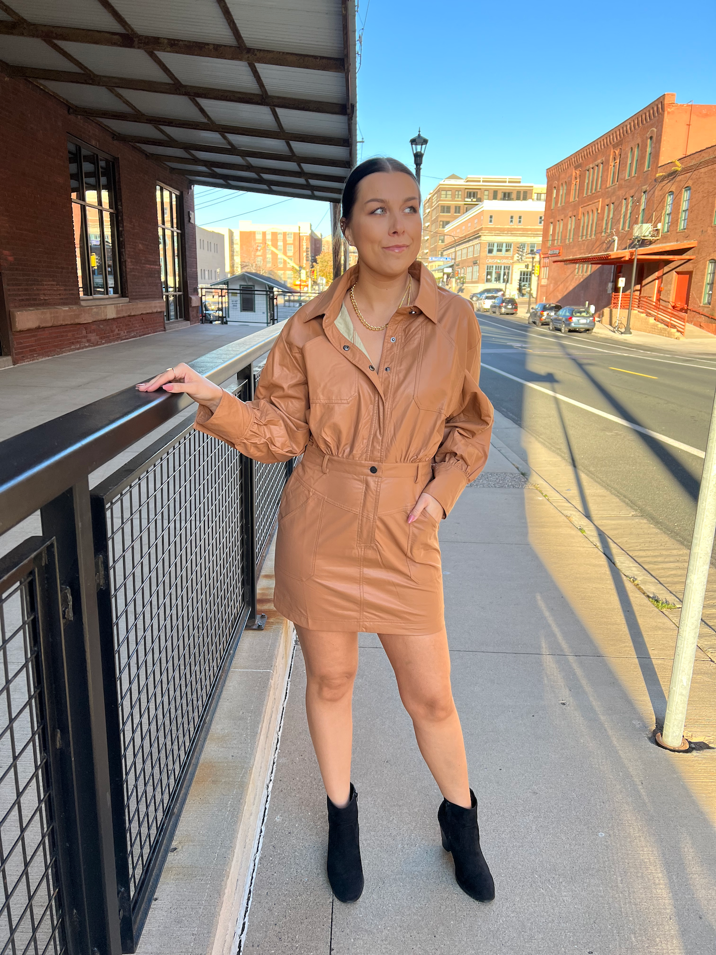 Faux Leather Utility Dress - Camel