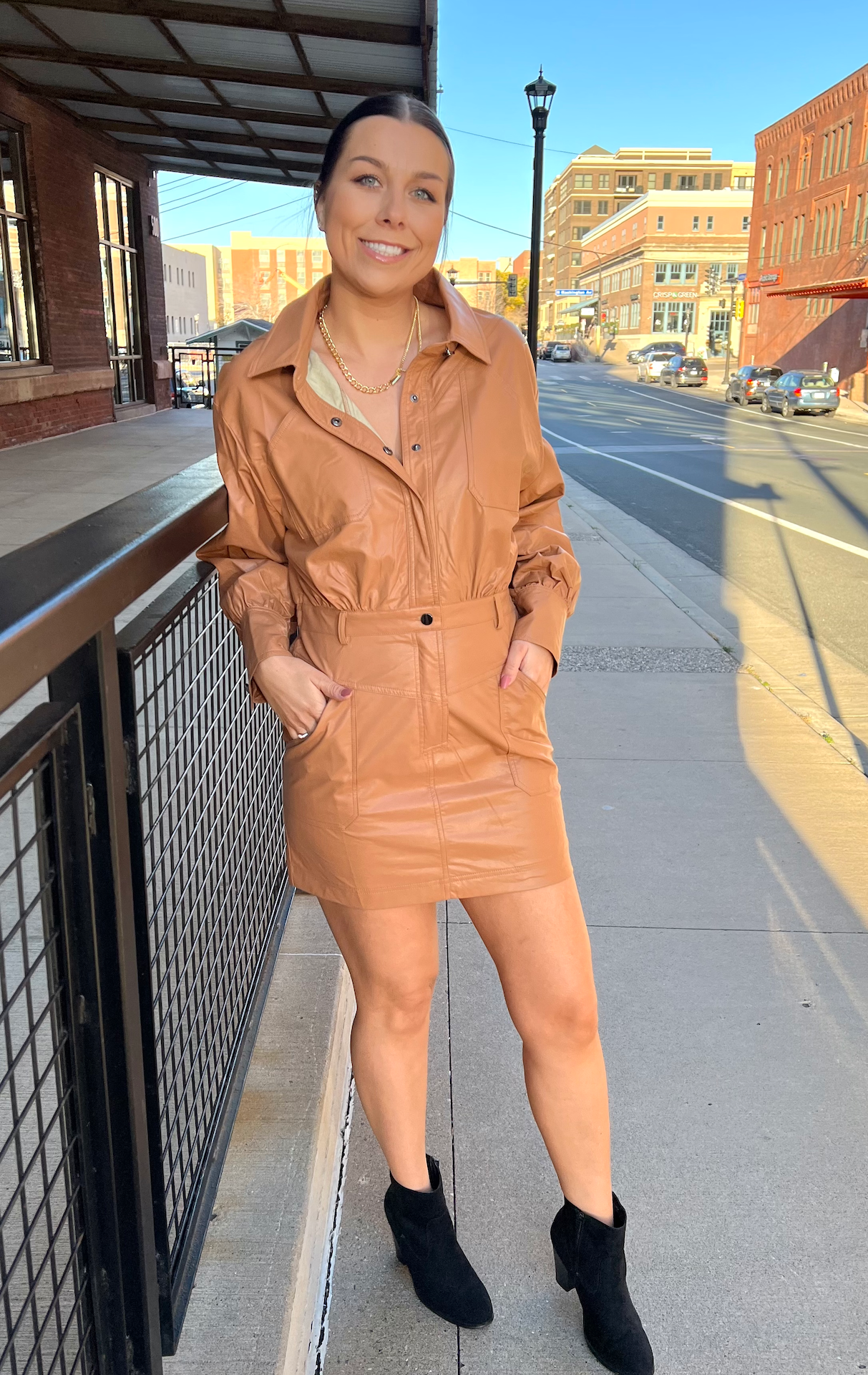 Faux Leather Utility Dress - Camel